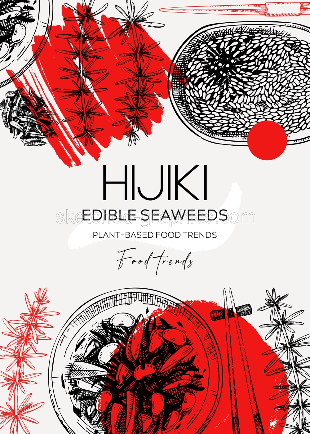 Collage-style hijiki design. Sea vegetable sketches. Edible seaweed vector illustration. Japanese cuisine trendy menu design. Hand drawn healthy food ingredients background  Illustration